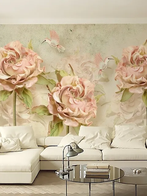 Papier peint panoramique floral séché, rose et vintage