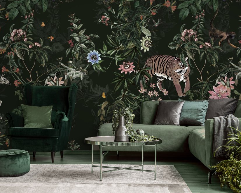 Fototapete mit dunklen botanischen Pflanzen und Tieren