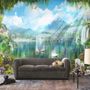 Waterfall and White Swan with Garden Flowers Landscape Wallpaper Mural