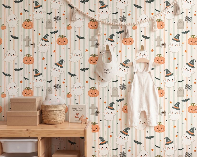 Cute autumn wallpaper with white ghosts, orange pumpkins, black bats and sage striped background