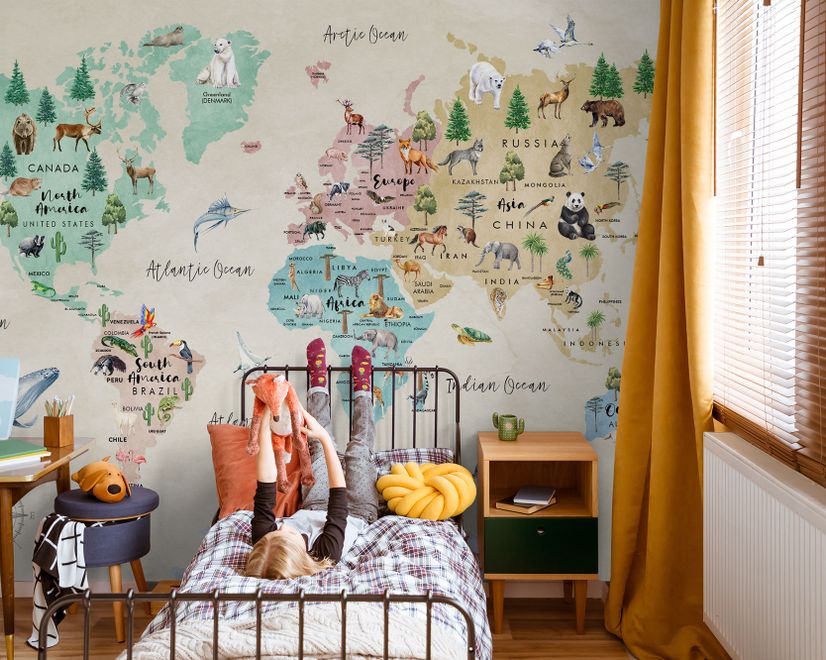 Kids Watercolor World Map Wallpaper Mural