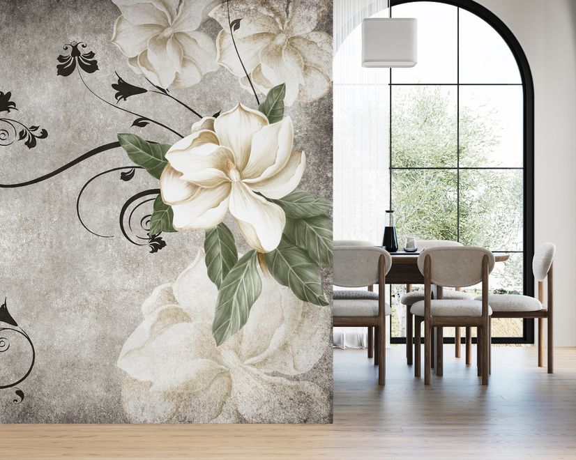 Vintage Cream Flowers Art Wallpaper Mural