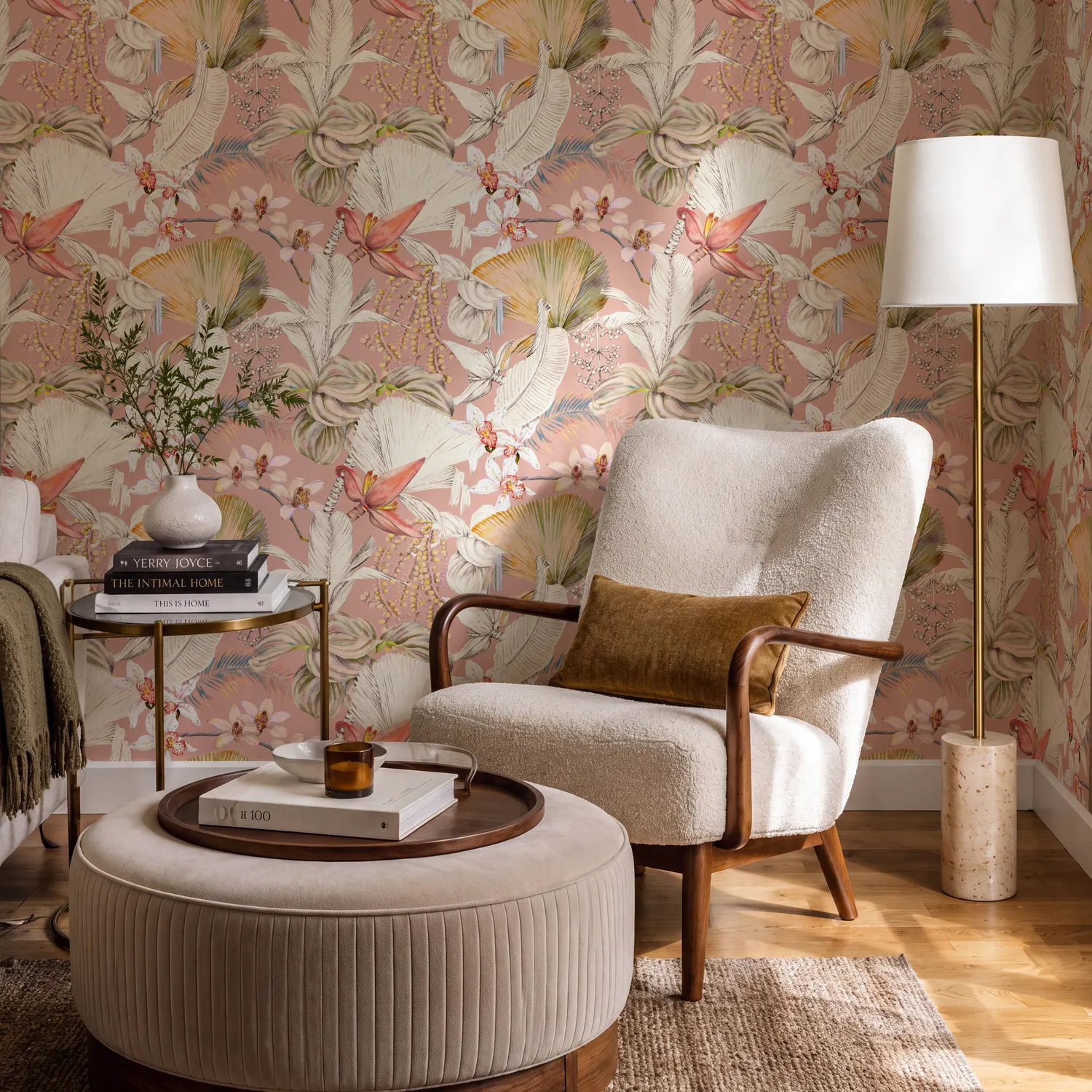 Pink tropical botanical wallpaper with orchids and fan palms - Peel and Stick