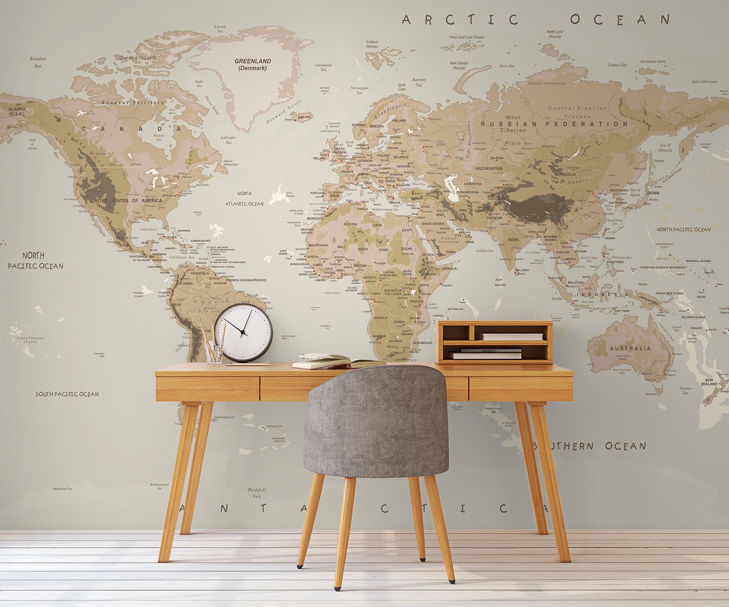 Soft Brown Political World Map Wallpaper Mural - Peel and Stick