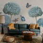 Light Blue Hydrangea Flowers and Butterflies Wallpaper Mural