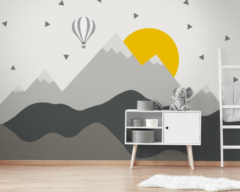Kinder Graue Geometrische Berglandschaft und Heißluftballon Fototapete