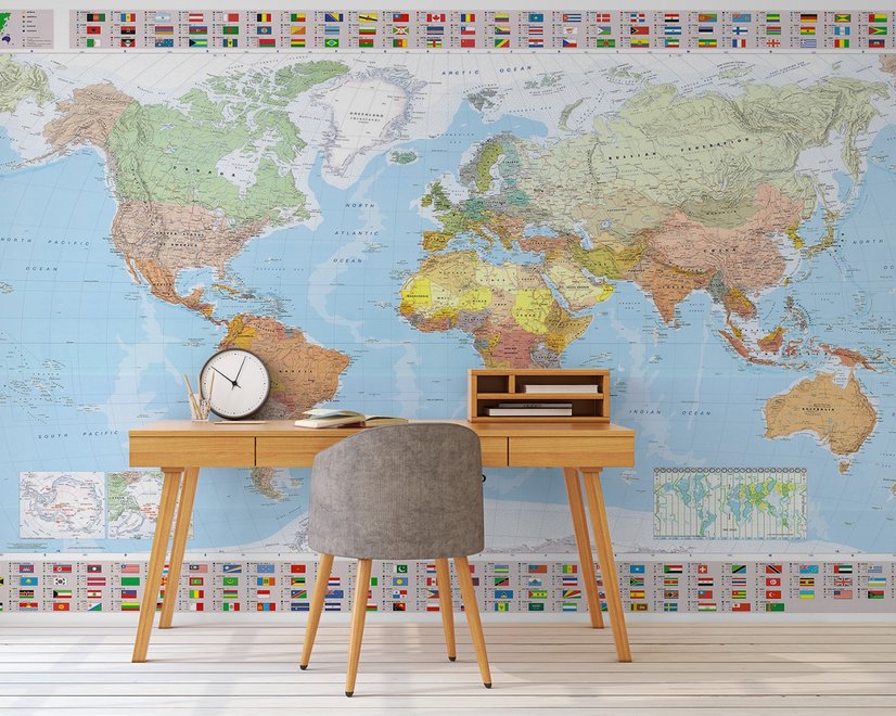Political World Map and Country Flags Wallpaper Mural