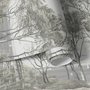 Coastal woodland wallpaper mural with grey trees, sandy path, sea horizon and small white sailboats