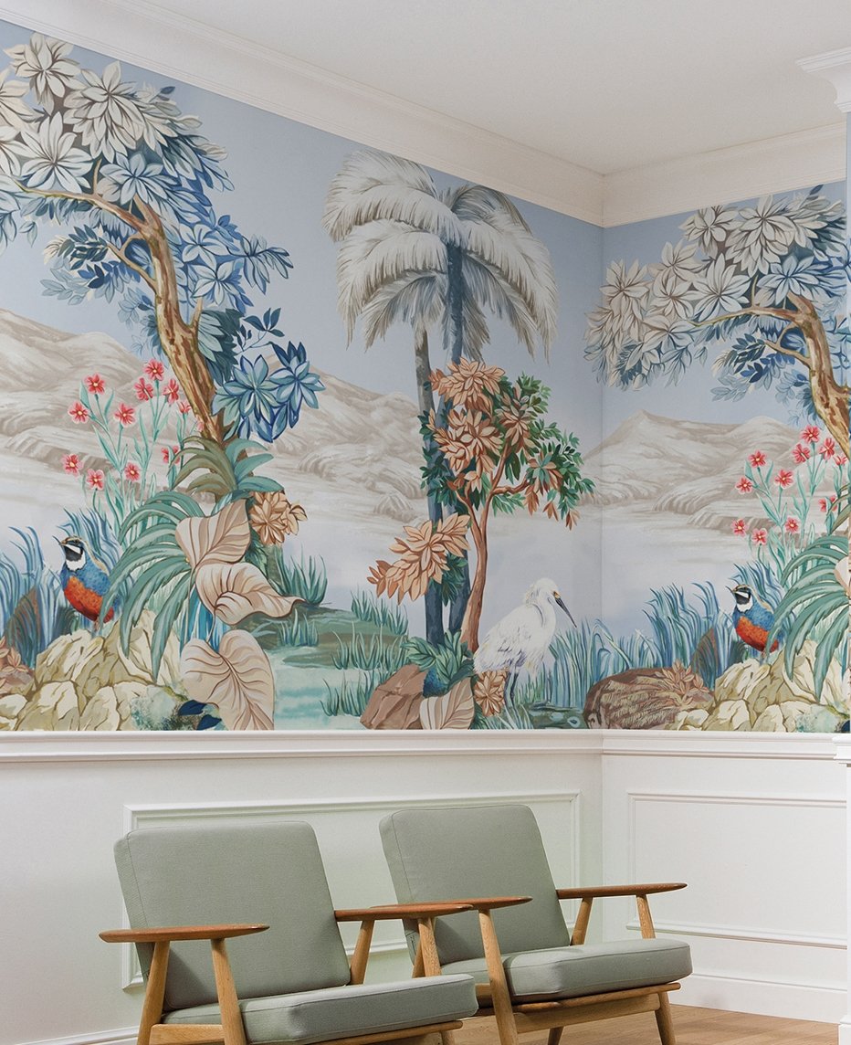 Art Painting Colorful Landscape with Heron Birds Wallpaper Mural - Peel and Stick