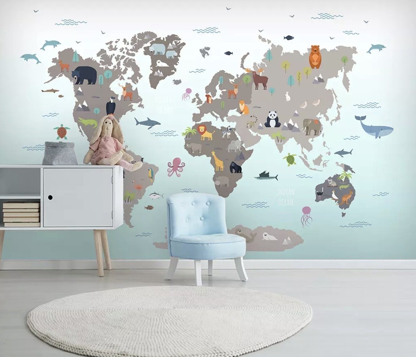 Gray Kids World Map Wallpaper Mural - Peel and Stick