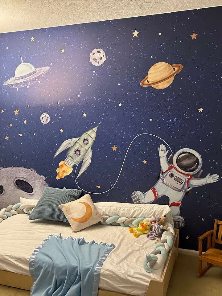 Kinder Aquarell Weltraum mit Raumschiff und Astronaut Fototapete