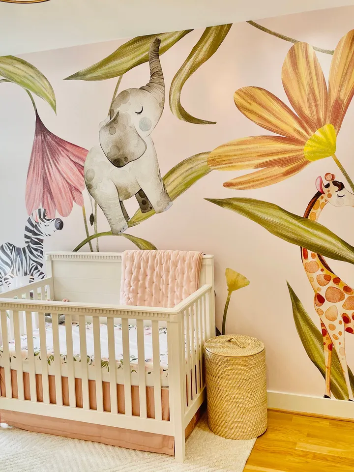 Nursery Tropical Animals with Flowers Wallpaper Mural