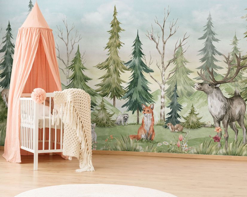 Kids Watercolor Pine Tree Forest with Animals Wallpaper Mural