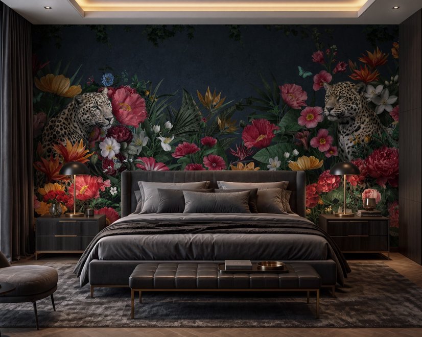 Elegant Tropical Botanical Floral and Leopard Wallpaper 