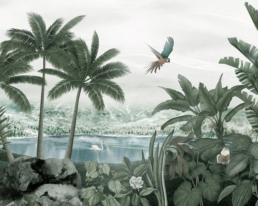 Misty Tropical Forest with Lake Wallpaper Mural