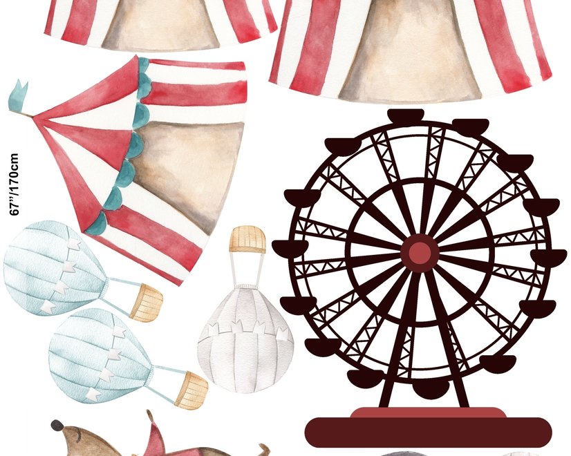 Kids Watercolor Circus Amusement Park with Little Hot Air Balloon Wall Decal Sticker