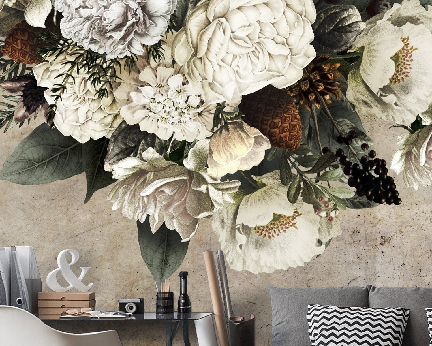 Dark Floral Bouqet Wallpaper Mural - Peel and Stick