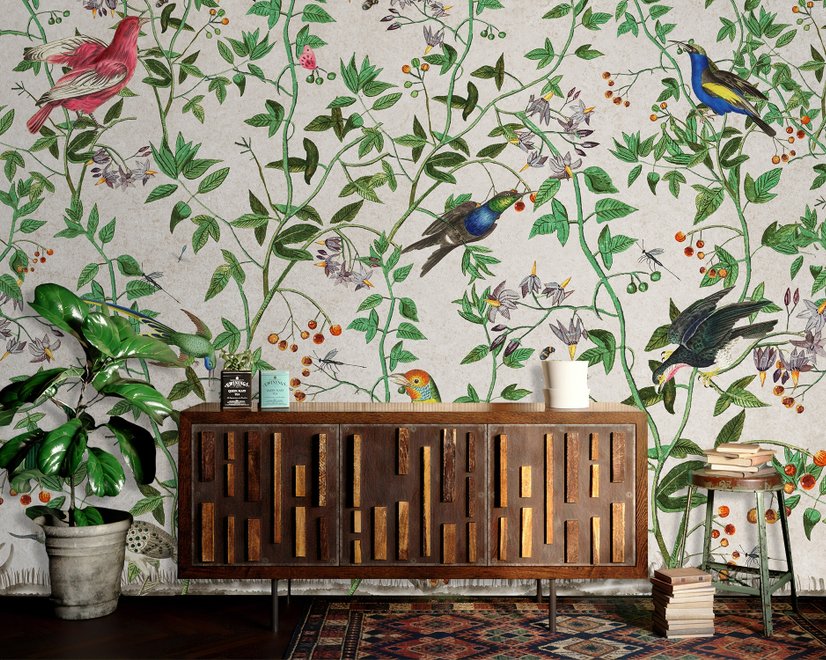 Papier peint feuilles vertes tropicales cigogne canard