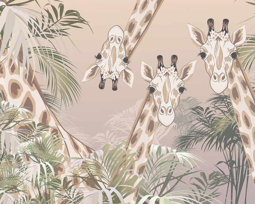 Cute Giraffes Between Tropical Leaves Wallpaper Mural