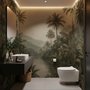 Misty tropical forest wallpaper with palms, pale river and hazy hills in muted green sepia