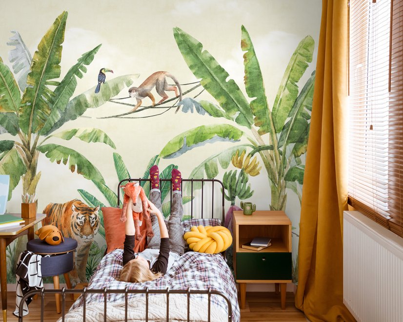 Aquarell Safari-Tiere im Regenwald Fototapete für Kinder