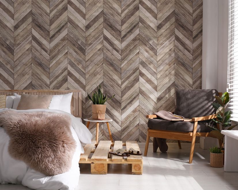 Natural Wood Texture Effect Chevron Wallpaper Mural