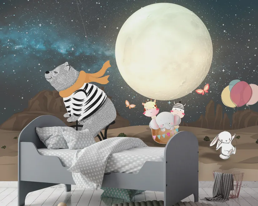 Papier peint Ours de dessin animé et lapin mignon avec la lune