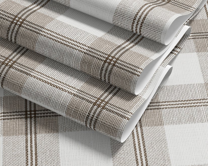 Neutral beige and brown plaid wallpaper with cream squares, taupe woven blocks and fine dark brown lines