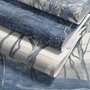 Blue forest background wallpaper mural with coastal trees, sea water and small white sailboats