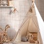 Soft brown wallpaper with pale beige gingham checks on a warm cream off-white ground