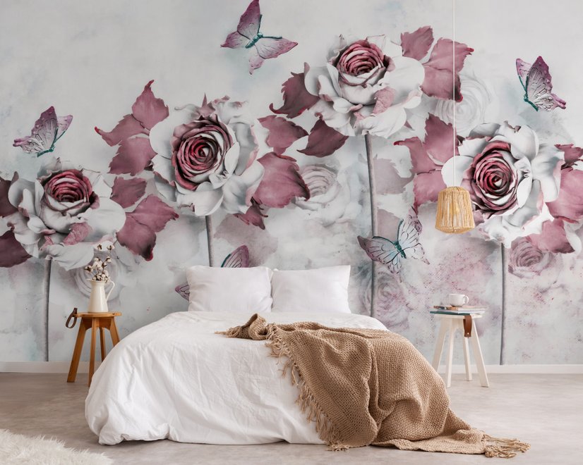 3D-Look Blumen mit kleinem Schmetterling Fototapete