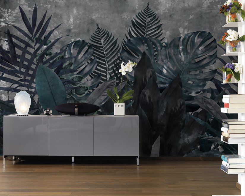 Papier peint panoramique vert foncé avec des feuilles