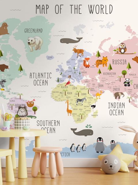  Carte  éducatif en Anglais - Papier peint carte du monde éducative avec animaux pour enfants et bébé