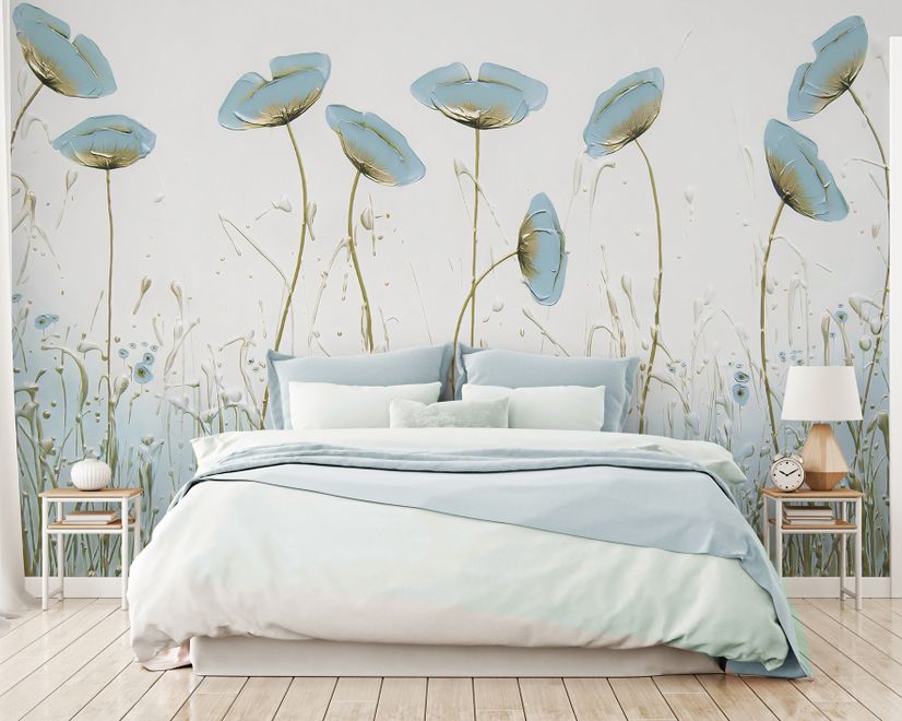 Oil Painting Blue Poppy Flowers Wallpaper Mural