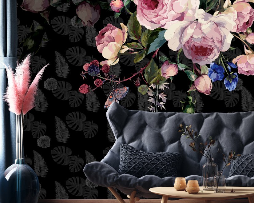 Fototapete Dunkelrosa Blumen und Gelber Schmetterling