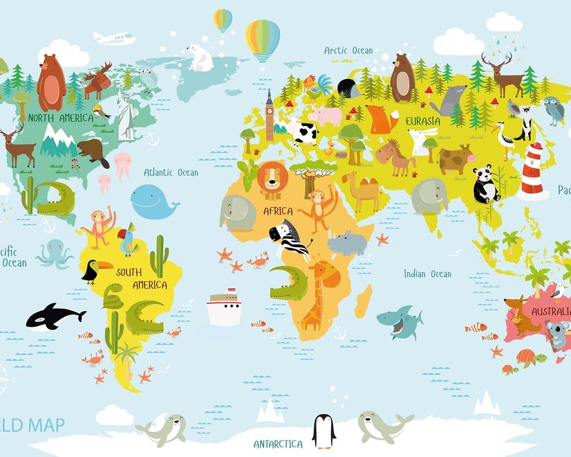 Сolorful Kids World Map with Animals Wallpaper Mural