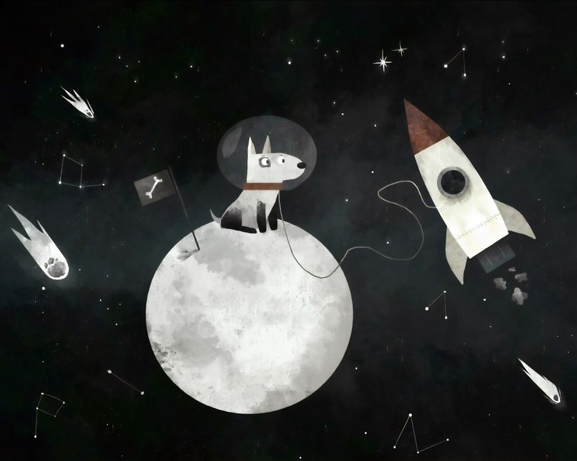 Kids Space Dog with Moon and Rockets Wallpaper Mural