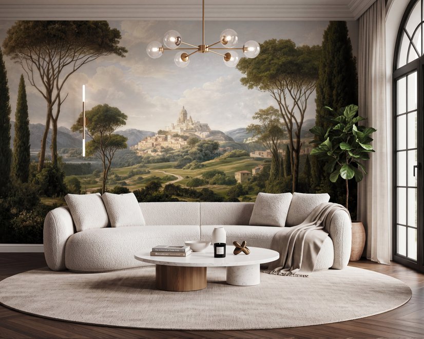 Vintage oil painting wallpaper of cypress trees, villas and a domed cathedral in an Italian landscape