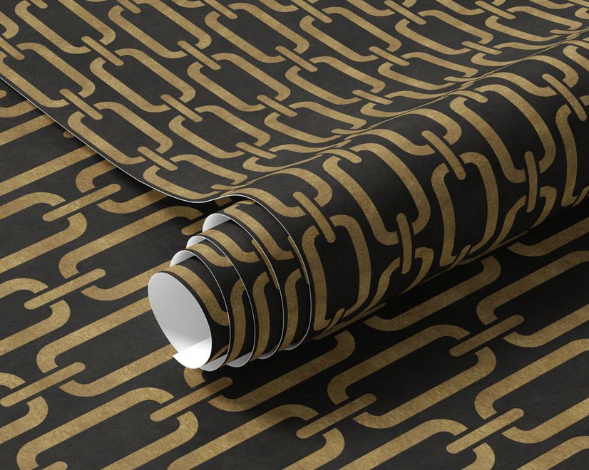 Black wallpaper with gold vertical chain link Art Deco repeat on a textured charcoal ground