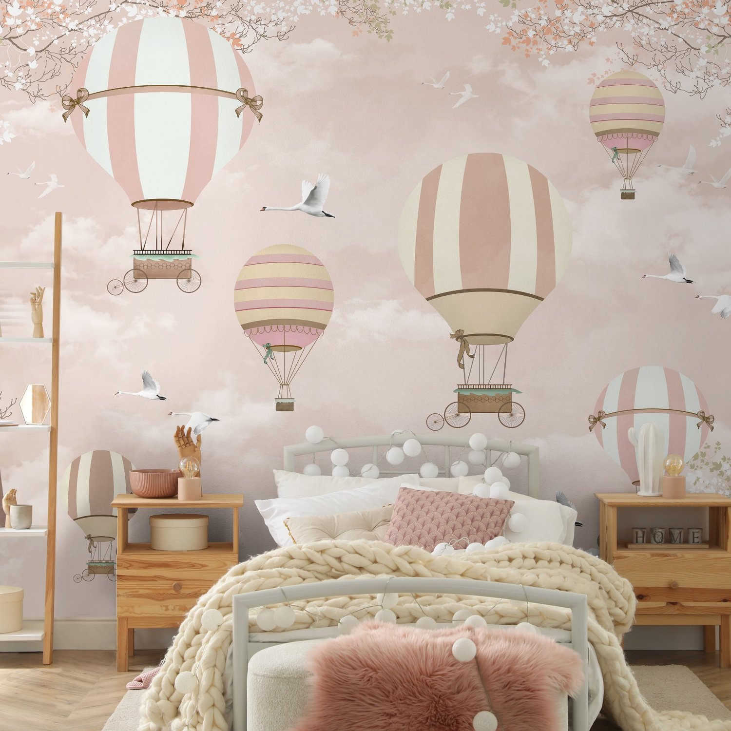 Kids Pink Hot Air Balloon and Cherry Blossom Wallpaper Mural - Peel and Stick