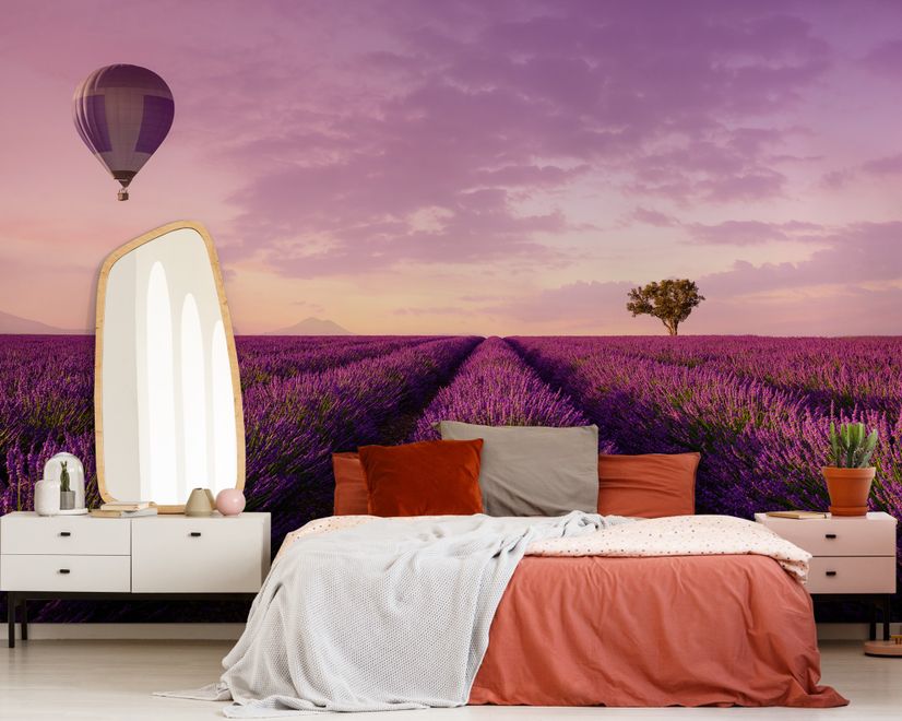 Serene Sunset Lavender and Balloon Landscape Wallpaper Mural