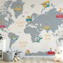 Kids World Map with Little Cars Wallpaper Mural