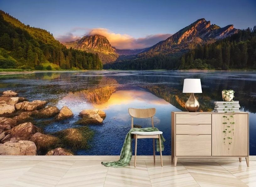 Mountain and Lake Landscape in the Sunrise Wallpaper Mural