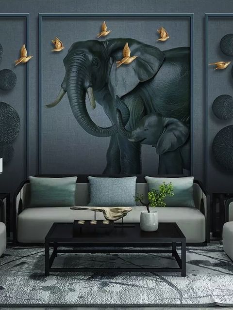 Papier peint panoramique éléphant sombre et oiseaux aspect 3D en relief