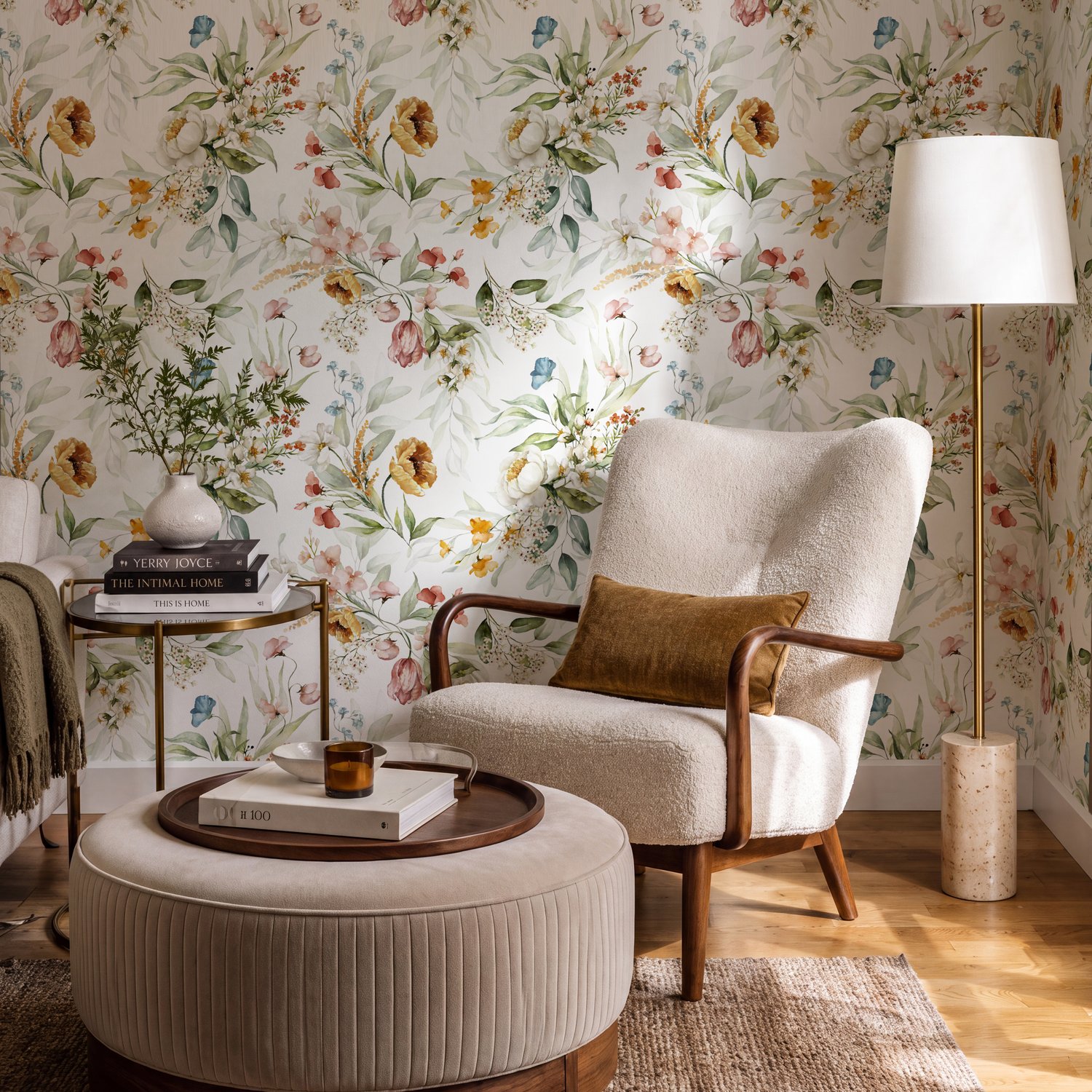 Watercolour Botanical Wallpaper with Garden Flowers - Peel and Stick
