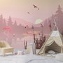 Papier peint paysage rose au lever du soleil avec des flamants roses