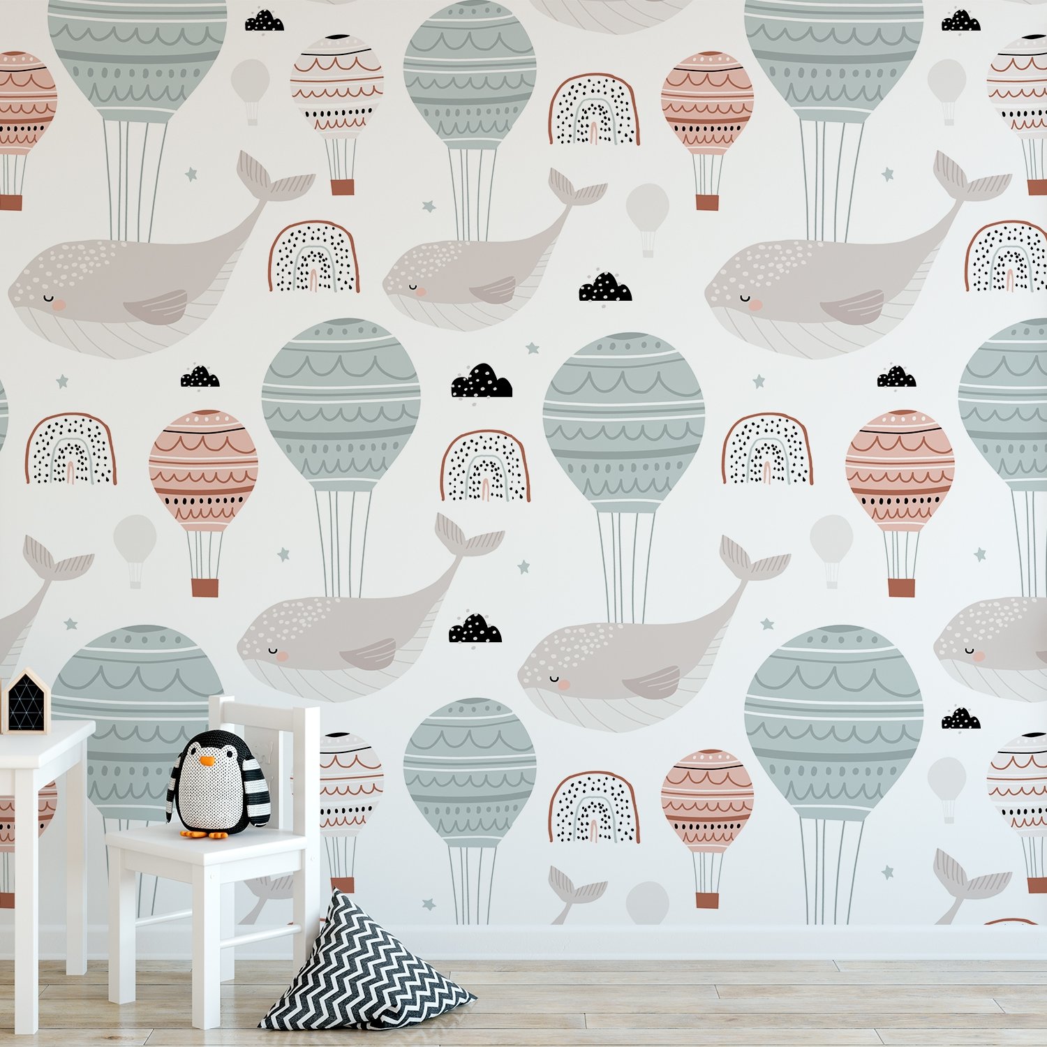 Air Balloon with Whale Wallpaper Mural - Peel and Stick
