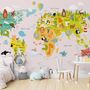 Сolorful Kids World Map with Animals Wallpaper Mural
