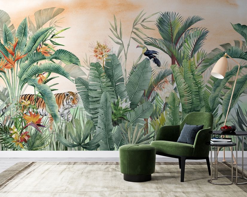 Tiger and Tropical Leaves Wallpaper Mural