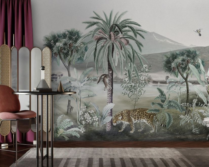 Vintage Exotic Landscape with Wild Animals Wallpaper Mural